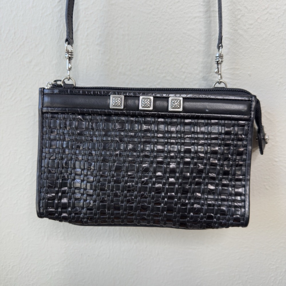 Vtg Brighton Crossbody Purse Black Romag Embossed Leather Organizer Weave Accent